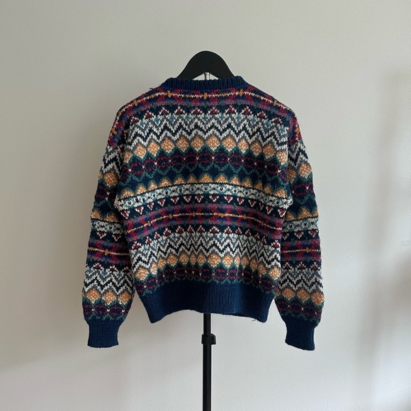 Vintage Casa Bolivian Handknit Alpaca Blue Fair Isle Crew Neck Cardigan Size S - Picture 2 of 3